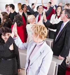 People on conference giving 5 each other People on conference giving 5 each other